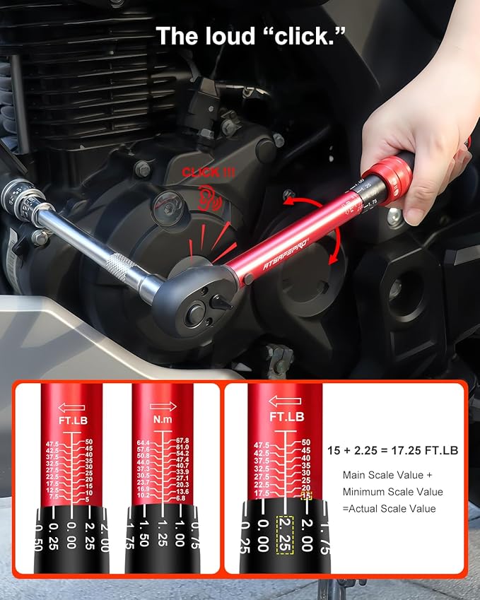 ATsafepro Torque Wrench Set-1/4 20–240 in-LB, 3/8" 5–50 ft-lb,1/2" 10–170 ft-lb with 3 Socket Adapters,±3% Accuracy, Dual Scale, 72-Tooth, Dual-Direction for Car, Bike, Motorcycle Repair Maintenance