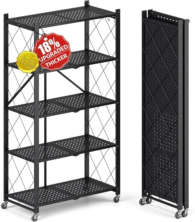 Upgraded 18% Thickened Portable 5-Tier Foldable Storage Shelves with Wheels Heavy Duty Storage Shelf Collapsible Shelves Unit Display for Garage Storage Kitchen Pantry & Closet Organizer, Black