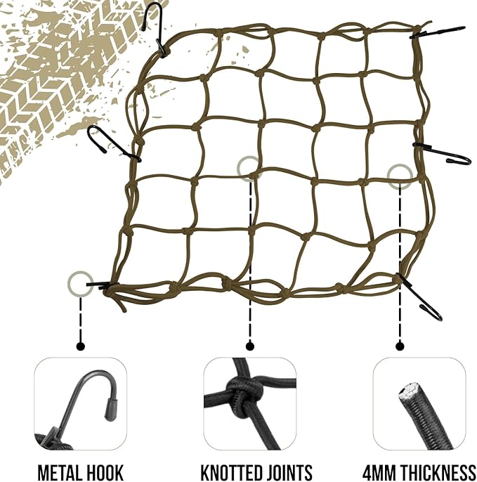 2 Pack Small Cargo Net for Motorcycle, Bike, ATV, UTV, 15"x15" Elastic Bungee Mesh Net with Hooks, Secure Gears, Helmet, Luggage, Stretch up to 30"x30"