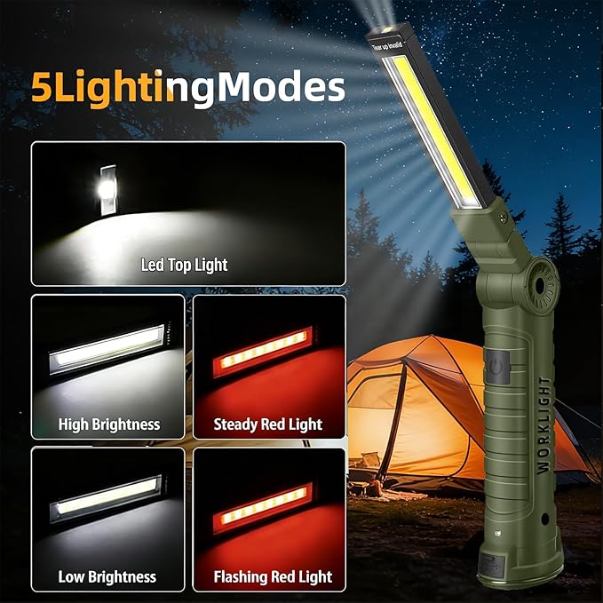 LED Work Light Rechargeable Flashlight, Tool Gifts for Fathers Day Dad Hubby Men Him Husband Mechanic Torch Grill Light Inspection Lamp Magnetic Base 5 Modes 360° Rotate Car Emergency Repair Green