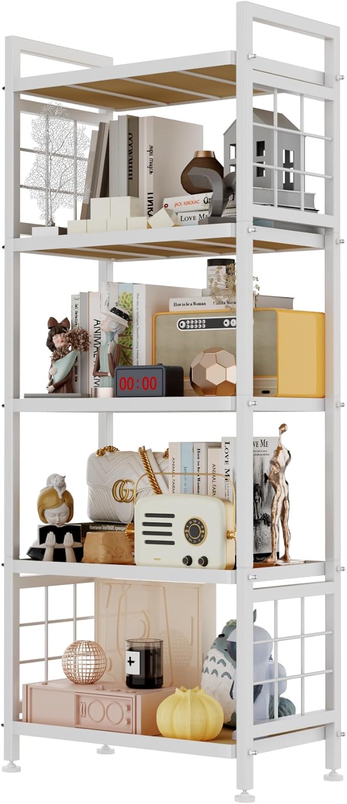 GIOTORENT 5-Tier Pantry Shelves with Wooden Boards, Heavy Duty Storage Shelves & Book Shelf, Adjustable Metal Shelving Unit for Kitchen Bathroom Laundry Organizer, Sturdy Rust-Resistant, White