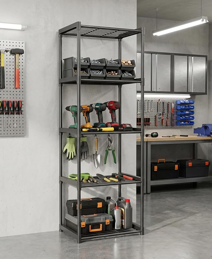 5-Tier Storage Shelves with Plastic Connectors – Metal Shelf Organizer for Pantry, Closet & Bathroom, Space-Saving Sturdy Shelving Unit Rack, Black, 17.3" x 12.8" x 56.7"