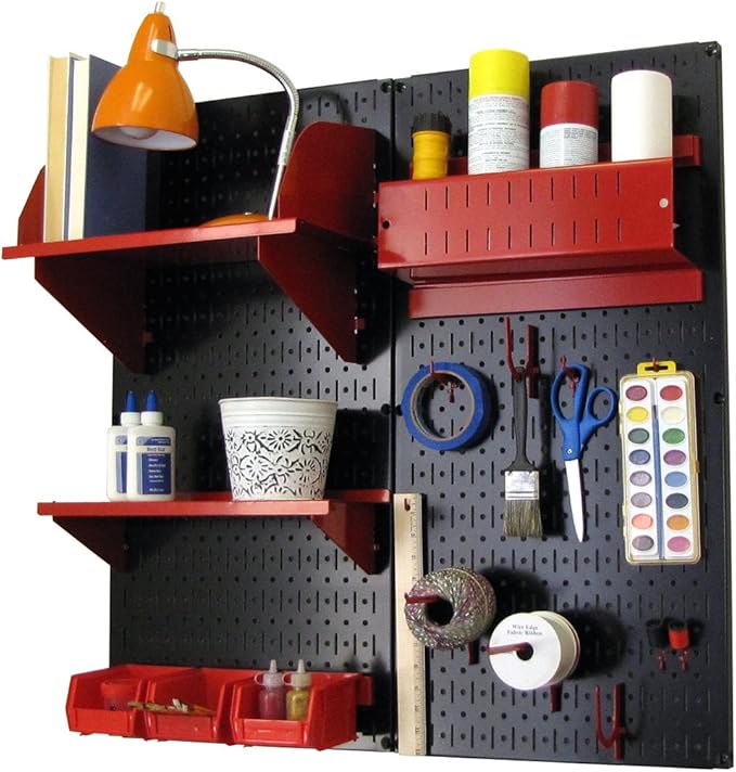 Wall Control Craft & Hobby Pegboard Organizer Storage Kit with Black Pegboard and Red Accessories