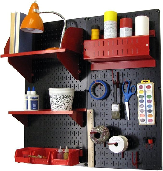 Wall Control Craft & Hobby Pegboard Organizer Storage Kit with Black Pegboard and Red Accessories