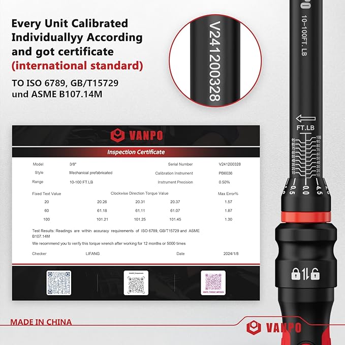 VANPO Torque Wrench 3/8-Inch Drive 10-100 Ft-Lb/13.6-135.5Nm Click Type for Motorcycle, Car & Small Machinery Maintenance - TPR+ABS Handle, ±3% Precision, 72-Tooth Ratchet,with Portable Case