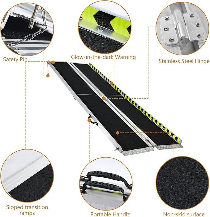 Wheelchair Ramp 8FT, Anti-Slip Aluminum Folding Handicap Portable Ramp, Wheelchair Ramps for Home Steps, Stairs, Doorways, Scooter Ramp