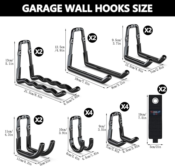 3-H Super Heavy Duty Garage Hooks 14 Pack, One-Piece Construction Garage Wall Hooks, Garage Hanger & Organizer Wall Mount for Ladders, Bikes, Chairs, WeedEaters, Shovels, Garden Tools (Black)