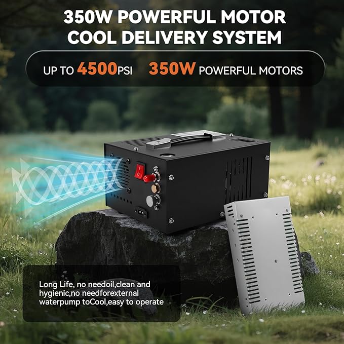 350W PCP Air Compressor, 4500Psi/30Mpa, 12V DC & 110V AC, Oil/Water-Free, Burst Disc Safety Valve, Built-in Cooling Fan for Air Rifle, Paintball, Scuba Tank