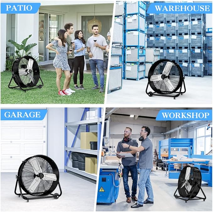 LifePlus 24 Inch Industrial Drum Fan High Velocity Floor Shop Fan 3 Speed, Heavy Duty Metal Air Circulator with Adjustable Tilt & Large Wheel for Warehouse, Garage, Factory, Patio, Barn, Black
