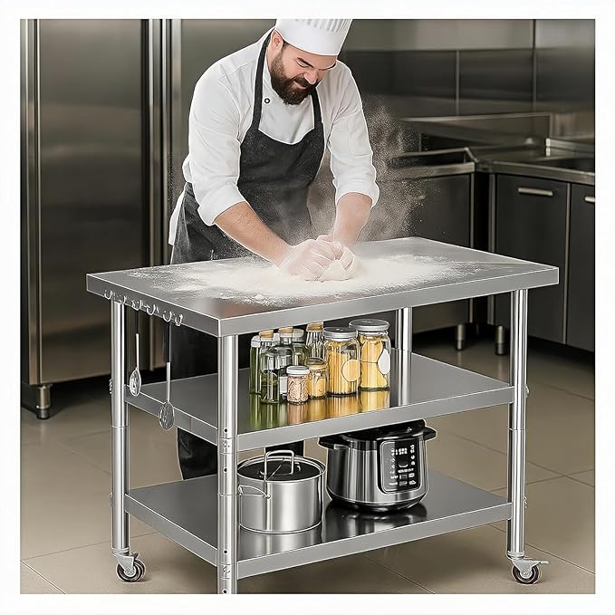 Stainless Steel Table with Wheels for Food Preparation and Work, Multi-Size Optional, Three-Layer Variable Two-Layer Metal Commercial Workbench Outdoor, Restaurant, Kitchen