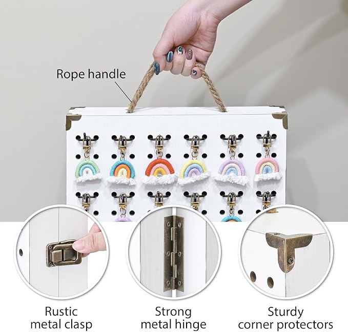MOOCA Wooden Foldable and Portable 2 Panel Pegboard Jewelry Display Organizer with 48 Removable Black Metal Hooks & Convenient Rope Handle for Easy Carrying, Dual-Sided Panels for Hanging, White Color