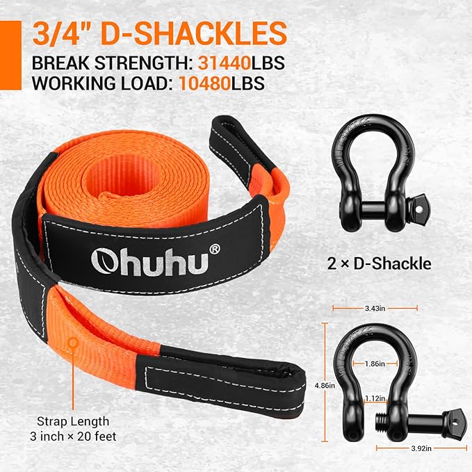 Tow Straps with Shackles, Ohuhu Heavy Duty 3" x 20ft Recovery Strap Kit with Hooks, 31,944 lbs Break Strength, Triple Reinforced Loop & Protective Sleeves, 3/4" D-Ring Shackles for Truck Jeep SUV ATV