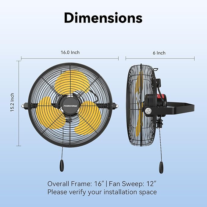 2PCS 12 Inch High Velocity Wall Mount Fan, 2800 CFM Heavy Duty Metal Commercial Wall Fan 360° Tilt & Pull Chain for Garage, Workshop, Gym & Covered Patio
