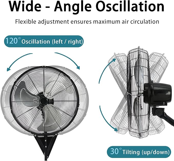 AZOUTDOOR 20" Wall Mount Fan 7000 CFM High Velocity Wall Industrial Fan 120° Oscillating Fans 3-Speed for Household, Commercial Use - ETL Listed, Black