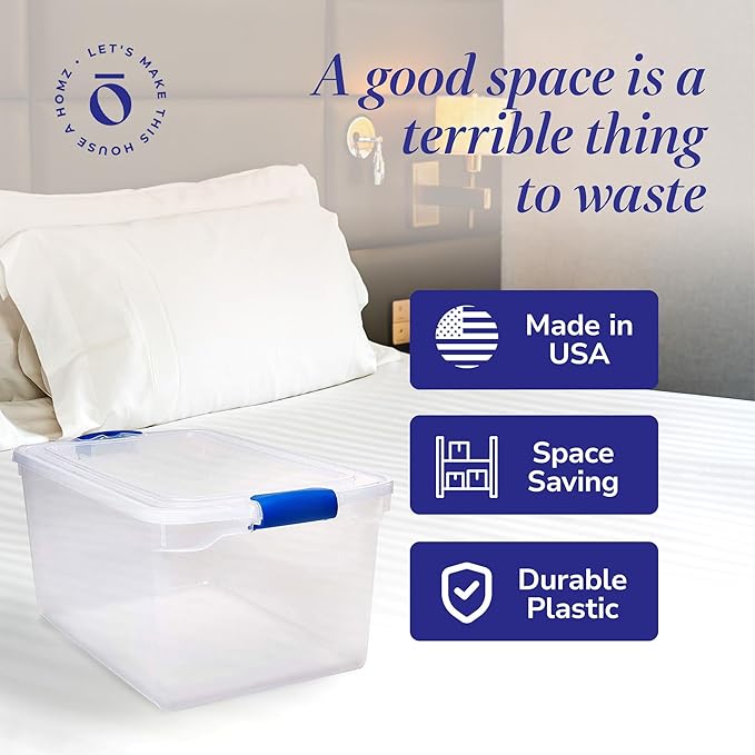 HOMZ 2-Pack Latching Lid, Large Clear Plastic Storage Bins with Lids, 66 Quart, Blue Latch - Stackable Container Boxes for Home, Bathroom, and Office Organization