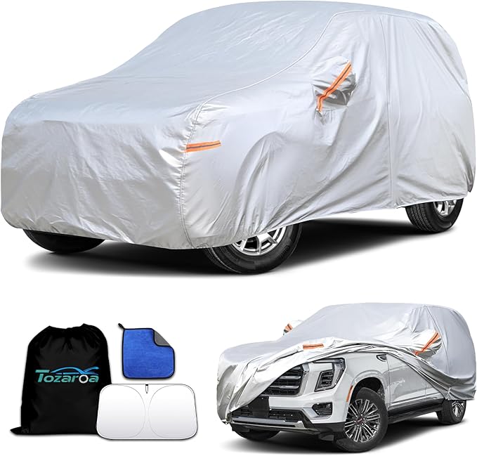Car Cover Waterproof All-Weather,Heavy-Duty Outdoor Full Exterior Automobiles Snow Cover for SUV 202-218 inch,with Sun Visor,Anti-Scratch Cotton Lining & Zippered,Towel&Storage Bag