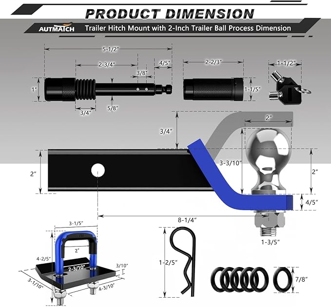 AUTMATCH Trailer Hitch Ball Mount with 2 Inch Hitch Ball - Fits 2" Receiver with Hitch Tightener, 8000Lbs Capacity Ball Hitch, 2-Inch Drop with 5/8" Hitch Lock Pin, Blue & Black