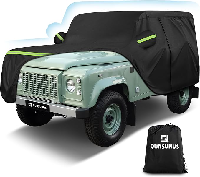 QUNSUNUS Car Cover for Land Rover Defender 90 1984-2016, Waterproof YJ/TJ 2 Door Car Covers with Cotton Lining, All Weather Cover with Straps and Zipper for Wind, Sun and Dust Protection