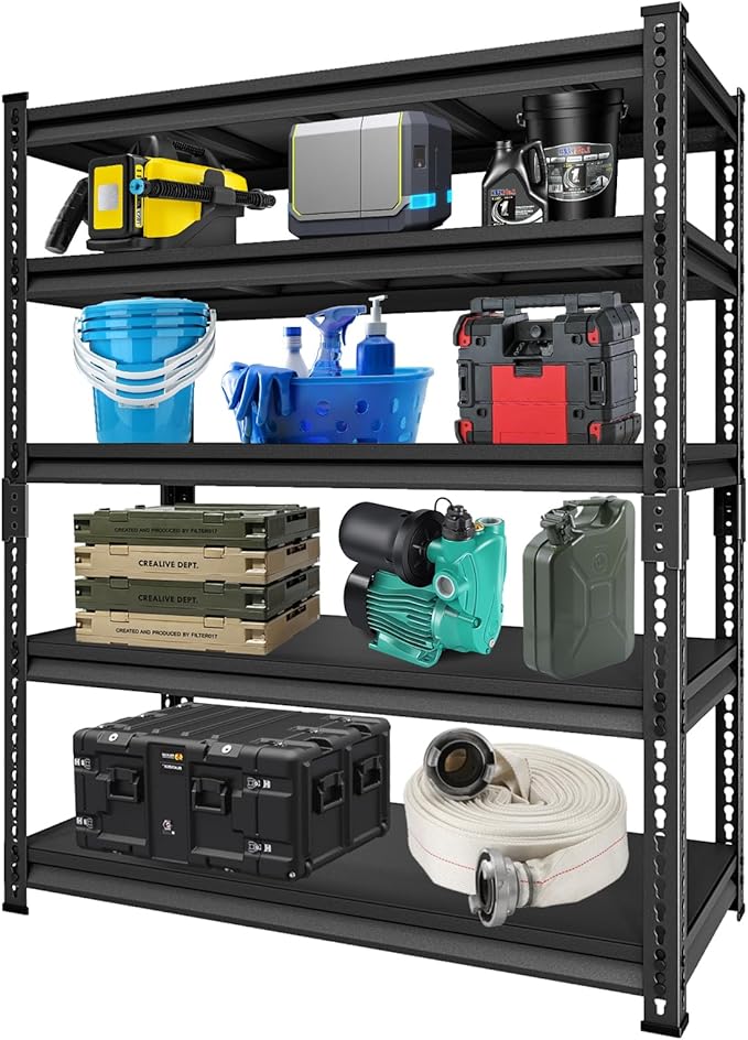 5-Tier Heavy Duty Metal Garage Shelving Unit, 48"W x 24"D x 78"H, 3000 lbs Capacity, Black, Industrial Style