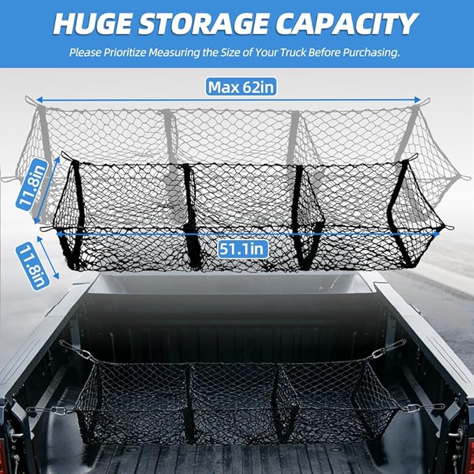 3 Pocket Truck Bed Cargo Net, Universal Mesh Storage Organizer, Black Nylon, 51.1 x 11.8 Inches Stretchable to 62 Inches, Compatible with Ford Chevy GMC Dodge Toyota Pickup Trucks