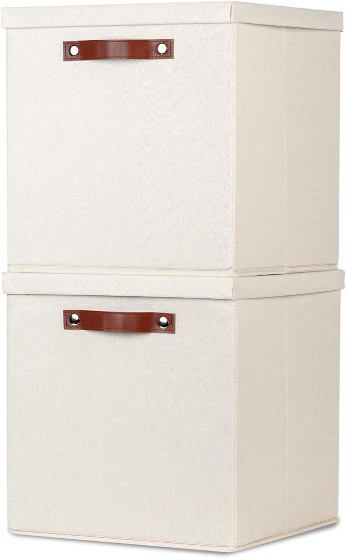 Temary Fabric Storage Bins with Lids 13 Inch Storage Cubes with Lid, Decorative Foldable Storage Boxes for Clothes, Closet Organizers (Beige, 13x13x13inch)