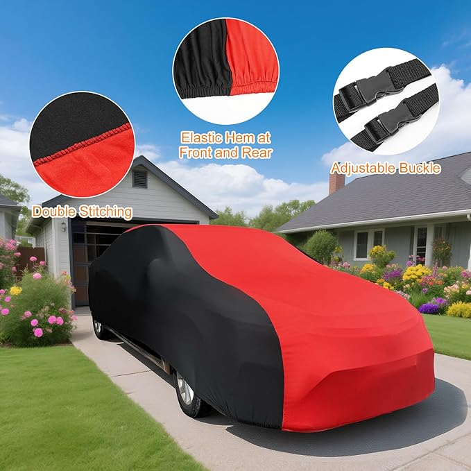 Indoor Car Cover, Stretch Satin Soft Dust Protection, Universal Fit for 189-205 Inch Sedans, Breathable Full Car Cover for Garage, Car Show, Windproof with Storage Bag, Red & Black