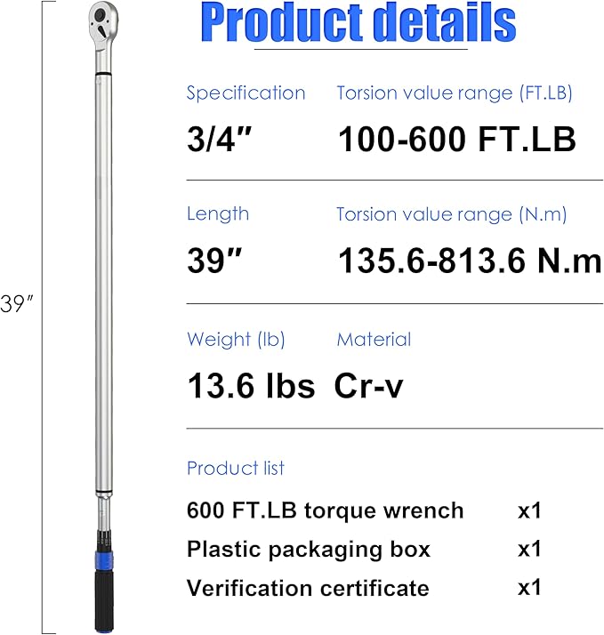 3/4 Inch Drive Torque Wrench 100-600 ft lb /135-813 Nm/Heavy Duty/Dual Direction/High hardness/Long lifetime/Stored In a Solid Case