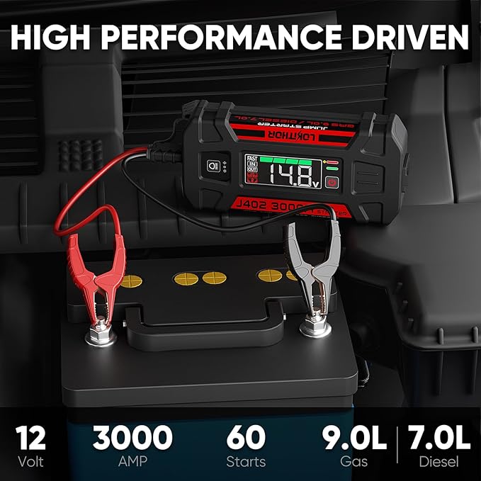 LOKITHOR J402 Jump Starter 3000A 12V 24000Amh Portable Lithium Car Battery Booster Pack for Upto 9.0L Gas and 7.0L Diesel Engines, Jump Box and Jumper Cables, 100W Fast Charging, Smart Digital Screen