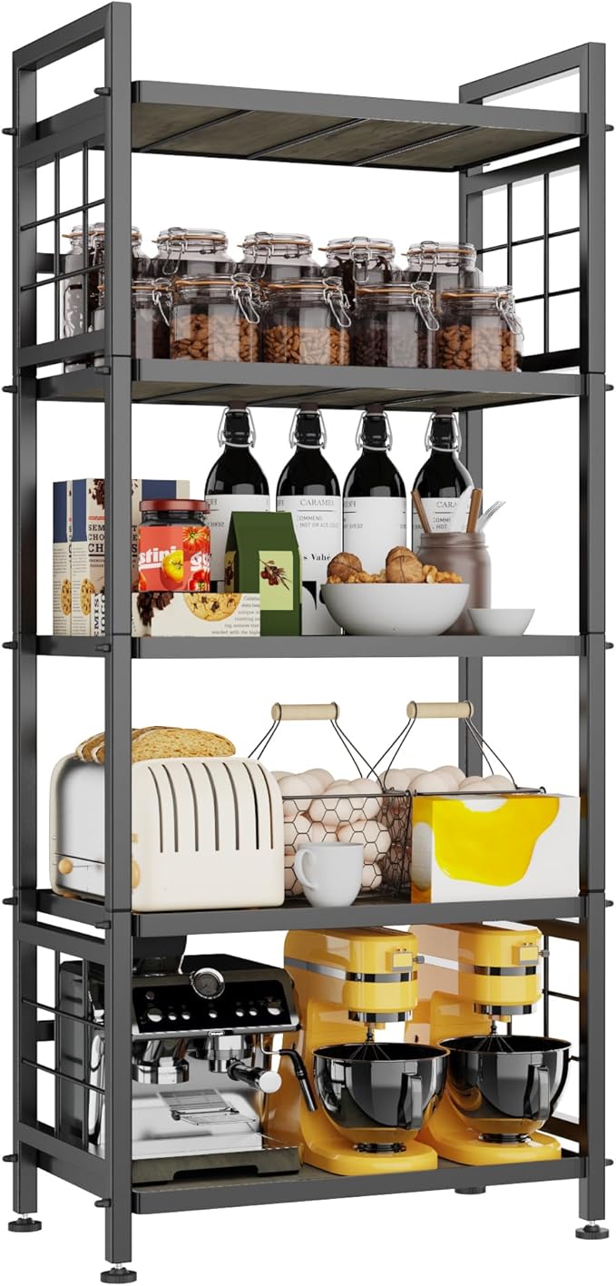 GIOTORENT 5-Tier Kitchen Storage with Wooden Boards, Heavy Duty Storage Shelves & Bookshelf, Adjustable Metal Shelving Unit for Garage Kitchen Bathroom Laundry Organizer, 750LB Capacity, Black