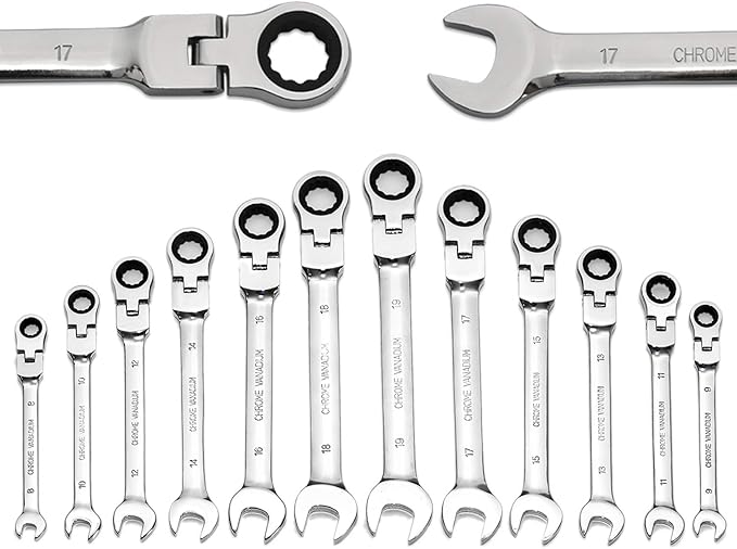 12-Piece 8-19mm Metric Flex-Head Ratcheting Wrench Set, Professional Chrome Vanadium Steel Ratchet Wrench, Combination Ended Span Kit with Portable Suspended Bag