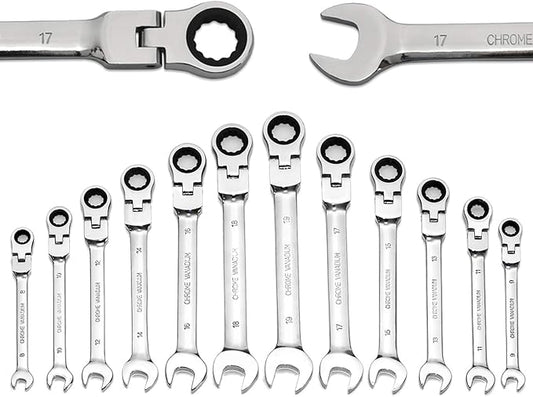 12-Piece 8-19mm Metric Flex-Head Ratcheting Wrench Set, Professional Chrome Vanadium Steel Ratchet Wrench, Combination Ended Span Kit with Portable Suspended Bag