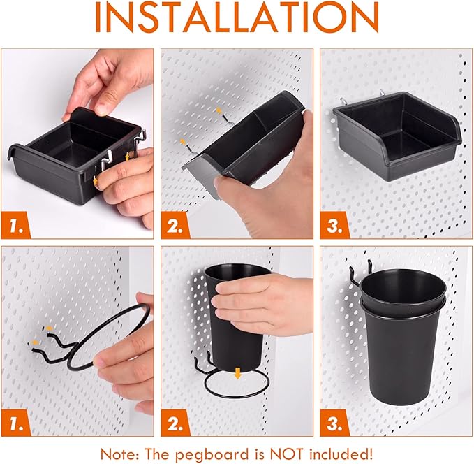 G.CORE 12 Pack Pegboard Bins PegBoard Cups with Hooks & Loops, Peg Board Hooks Assortment Organizer Accessory, Various Tools Storage Arrange System Kit for Garage Craft Workshop Workbench Hobby Office