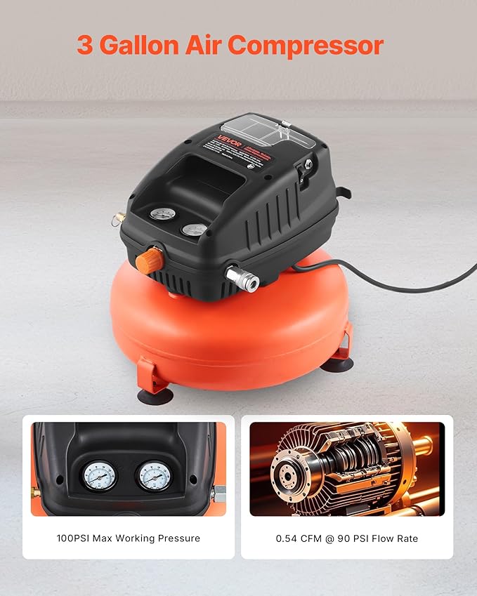 VEVOR 3 Gallon Air Compressor, 1/3HP 0.54CFM @ 90PSI Portable Pancake Air Compressor & 100PSI Max Working Pressure, Oil-Free Compressor Tank for Tire Inflation, Spray Painting, Woodwork Nailing, 120V