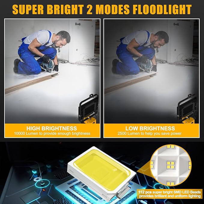 T-SUNiceM Cordless LED Work Light Compatible with Dewalt 20v Max Battery, 100W 10000LM Flood Light, Flashlight for Dewalt 20v Tools with USB & Type-C Charging and Pivoting Head for Jobsite, Camping