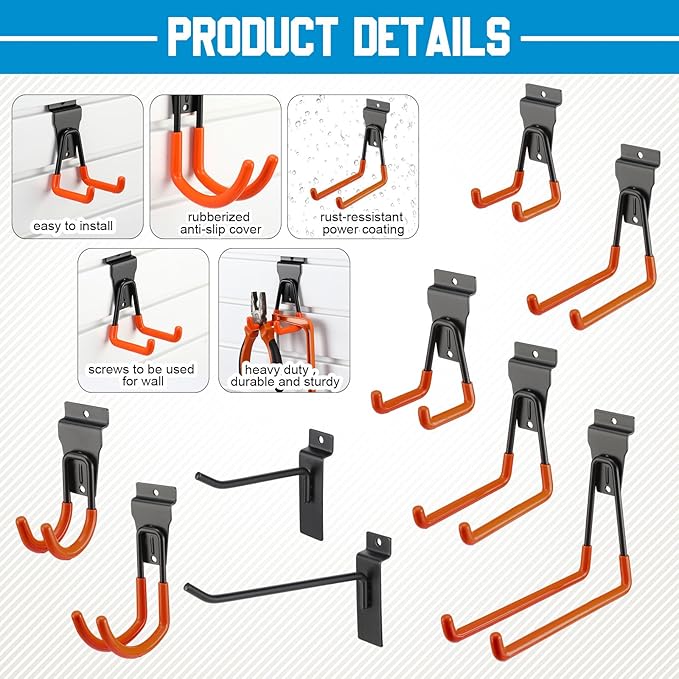 Landhoow 36 Pcs Slatwall Hooks & Hangers 32 Pcs Heavy Duty Slat Wall Hanging Hooks with 4 Pcs Storage Straps Assortment Slatwall Accessories for Storage Garage Wall Organization Garden Home(Orange)