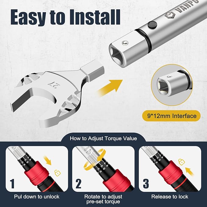 VANPO HVAC Torque Wrench 10–80 Ft-lb, 9×12mm, Adjustable Click Torque Wrench with Open End Heads (17–32mm), ±3% Accuracy for Mini Split AC & Refrigeration Flare Nut Installation