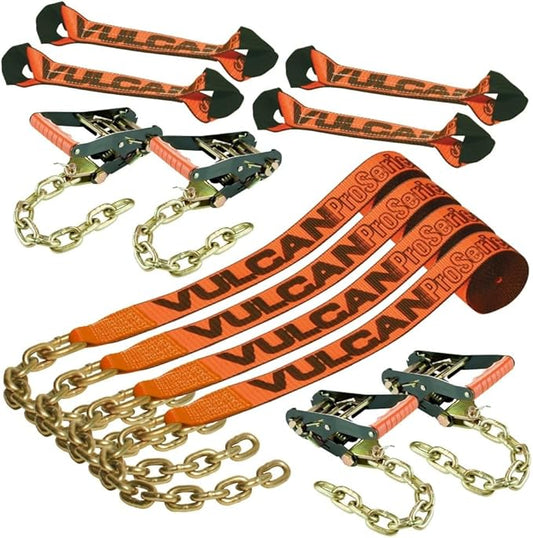 VULCAN 8-Point Roll Back Vehicle Tie Down Kit with Chain Tails on Both Ends - Set of 4 - Proseries