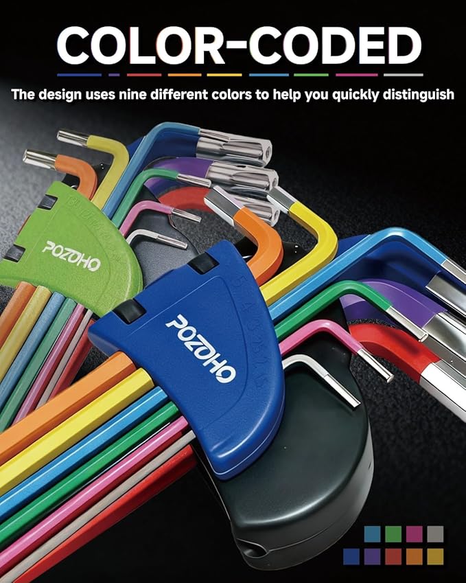 19-Piece Metric(1.5-10mm) & Torx(T10-T50) Allen Wrench Set, Color-Coded Ball End Hex Key Set with Bonus Torque Handle, Extra-Long, Anti-Rust for Motorcycle, Car Repair & Diy, PTM01019A