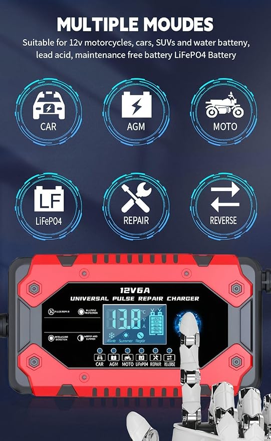 Battery Charger 6-Amp 12V Automatic Smart Battery Trickle Charger, Battery Maintainer Desulfator with Temperature Compensation for Car Truck Motorcycle Lawn Mower Marine