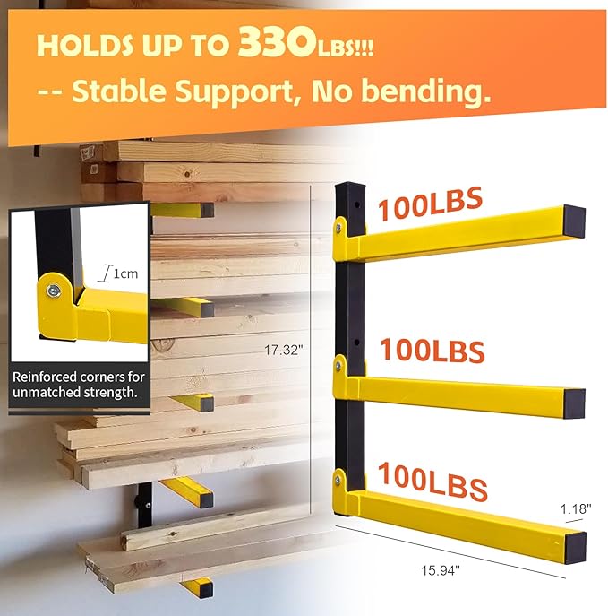 Wood Organizer Lumber Storage Rack Wall Mount - Heavy Duty Metal Cantilever Shelves With 3-Level Holds Up 600 Lbs,Indoor & Outdoor Wood Storage Racks For Garage Woodshops Workshops -2 Pack ,Yellow