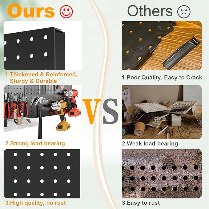 FZK Peg Board, 74PCS Metal Pegboard Wall Organizer Kit. Heavy Duty Pegboard, Peg Boards, Pegboard for Walls, Black Pegboard for Garage Craft Room Workbench Office Kitchen Tool Organization, 24 * 24