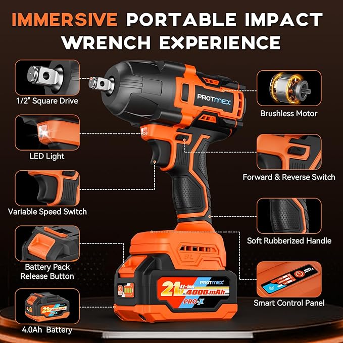 Protmex 900Ft-lbs (1200N.m) Impact Wrench, 1/2" Cordless Impact Driver, 21V High Torque Power Impact Gun - 2x4.0Ah Batteries, Variable Speeds Impact Motor for Pickup Truck/Family Car (Orange Red)
