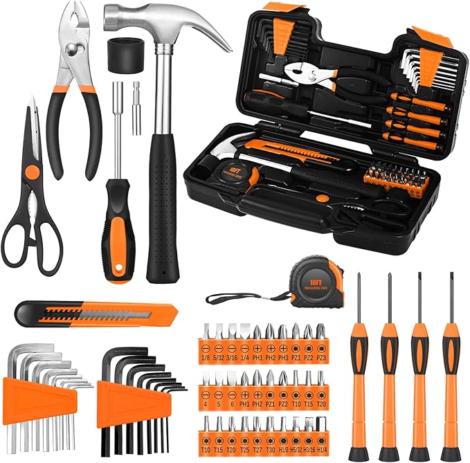 58-Piece Tool Kit Basic Home Repair Tool Set, General Household Hand Tool Kit,Small Tool Kit with Plastic Toolbox Mini Tool kit for Women, Office & College Repairs Orange
