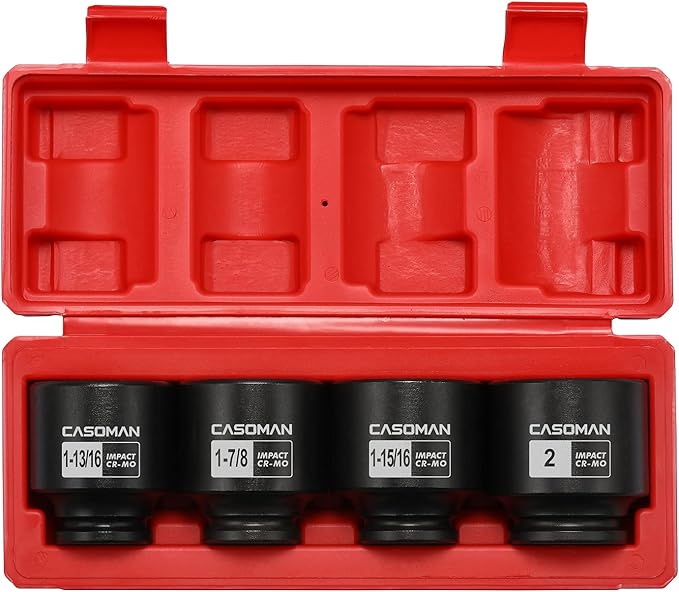 CASOMAN 1/2'' Drive Spindle Axle Nut Impact Socket Set, 6 Point, CR-MO,1-13/16, 1-7/8, 1-15/16, 2 inch, 4PC 1/2-Inch Impact Socket Set, Heavy Duty Use In Removing And Installing Axle Nuts