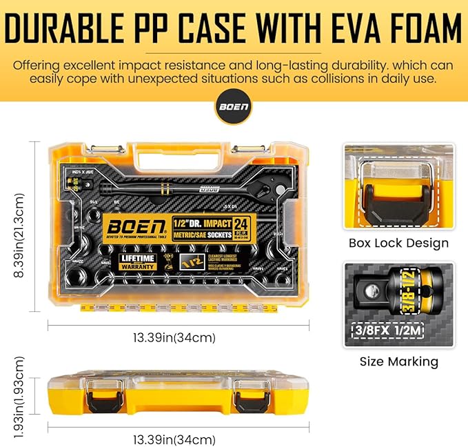 BOEN 1/2" Drive Impact Socket Set, 24-Piece Standard SAE (3/8" to 15/16") & Metric (10mm-24mm) Shallow Socket, 6-Point with Yellow Embossed Marking, Includes Adapters, Ratchet Wrench, Extension Bars