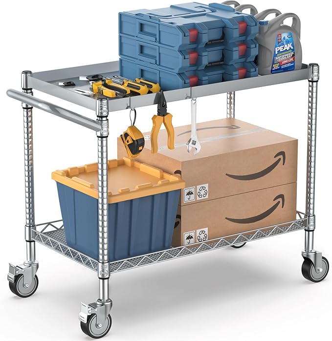 Leteuke 2 Tier Utility Tool Cart with Wheels, Heavy Duty Rolling Utility Carts with Handle, Commercial Grade Metal Serving Storage Cart for Warehouse Garage Kitchen, 25" D x 38.98" W x 40" H-Silver