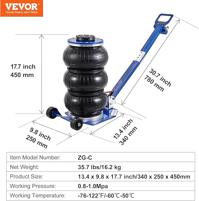 VEVOR Air Jack, 3 Ton/6600 lbs Triple Bag Air Jack, Airbag Jack with Six Steel Pipes, Lift up to 17.7", 3-5 s Fast Lifting Pneumatic Jack, with Adjustable Long Handles for Cars