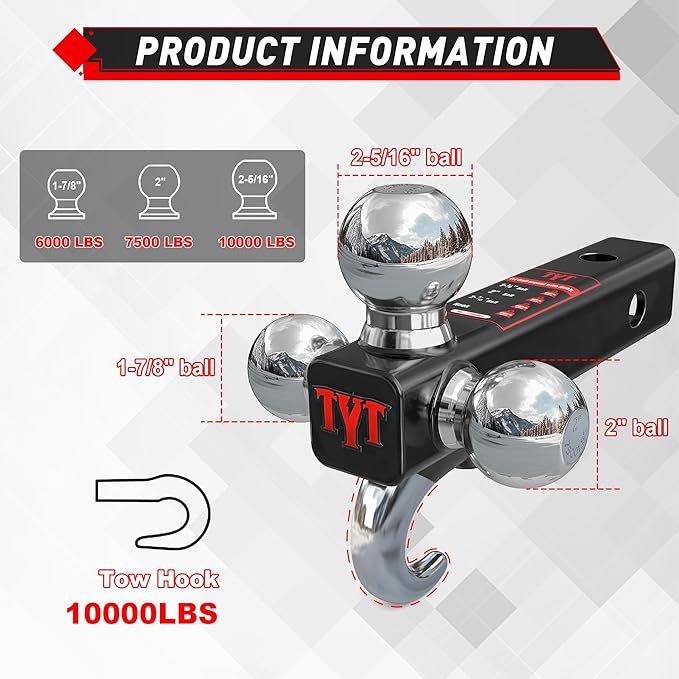 TYT Trailer Hitch Tri Ball Mount with Tow Hook,Fits 2 inch Receiver,1-7/8", 2", 2-5/16"Ball,10,000 lbs GTW,1,000 lbs TW,with Hitch pin