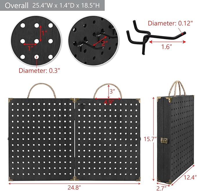 MOOCA Wooden Foldable and Portable 2 Panel Pegboard Jewelry Display Organizer with 48 Removable Black Metal Hooks & Convenient Rope Handle for Easy Carrying, Dual-Sided Panels for Hanging, Black Color