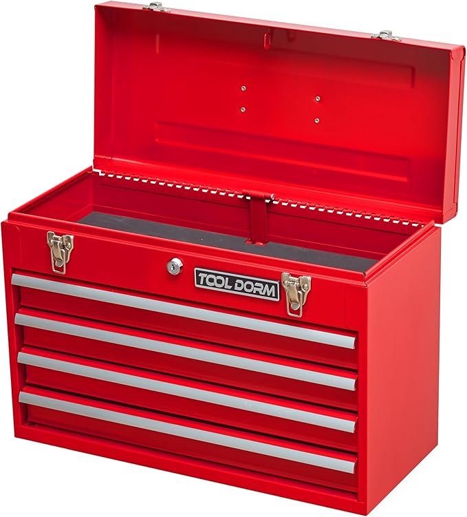 Metal Tool Box with 4 Drawers Portable Steel Tool Chest with Metal Cylinder Lock and Latch Closure, Liner, Red Powder coating, suitable for Garage, Warehouse and Outdoor Repair job